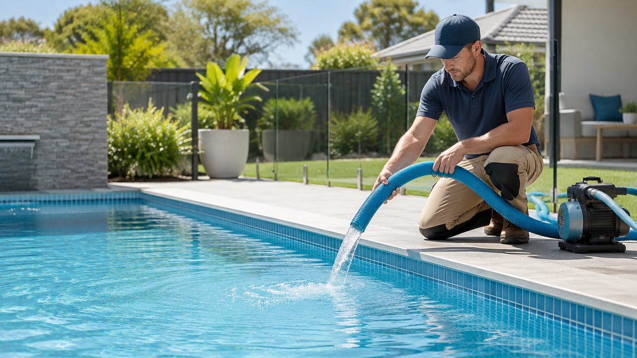 A pool professional carrying out a controlled partial water replacement at a backyard pool