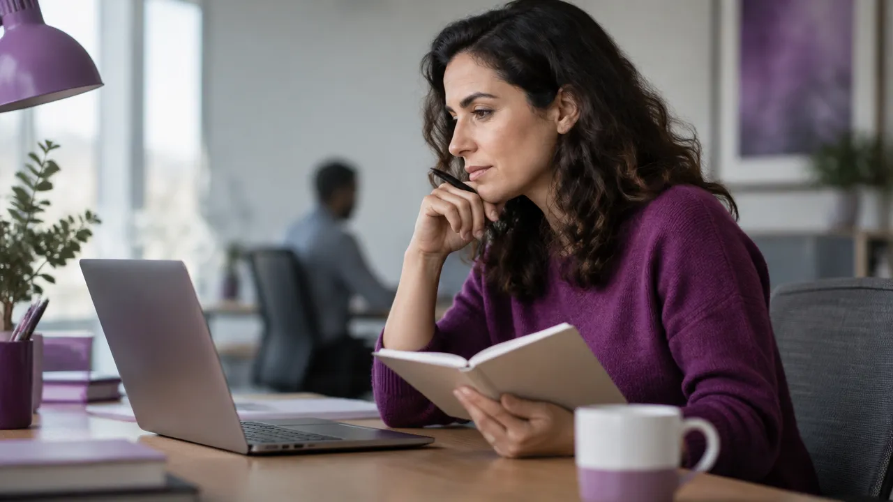 A professional pauses before sending a work email, considering whether the action matches personal values.