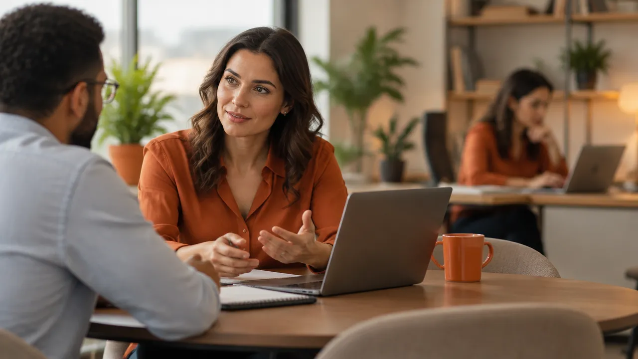 A professional listening with a colleague while a similar focused solo moment appears in the background, showing how context shapes behavior