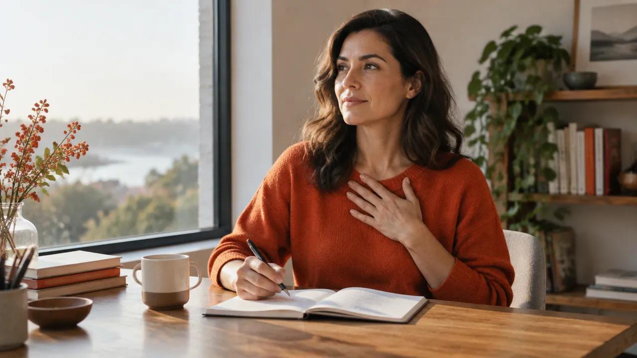 A professional pauses at a desk with a hand on their chest while reflecting on a decision.