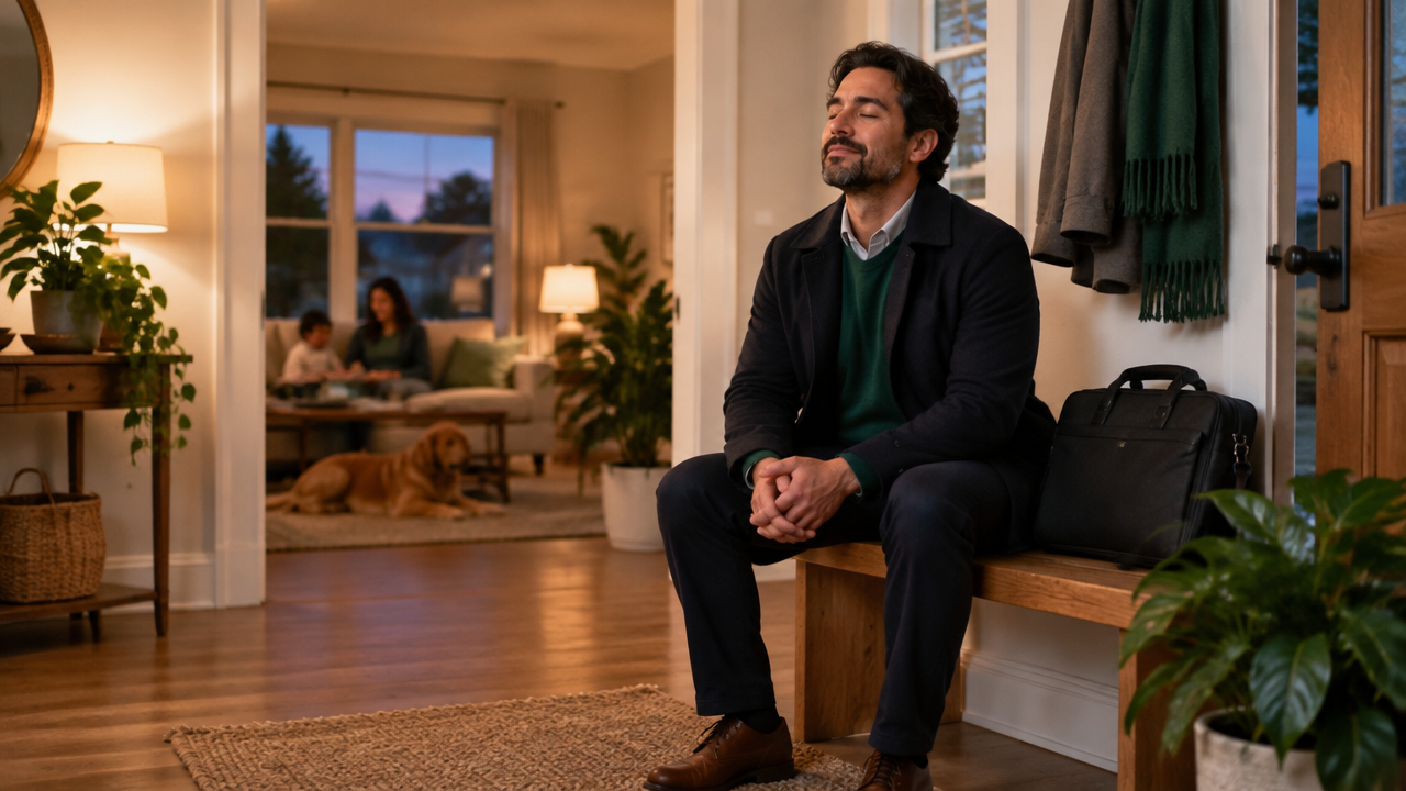 A professional pauses at home after setting down a work bag, creating a calm transition from work stress to family life.