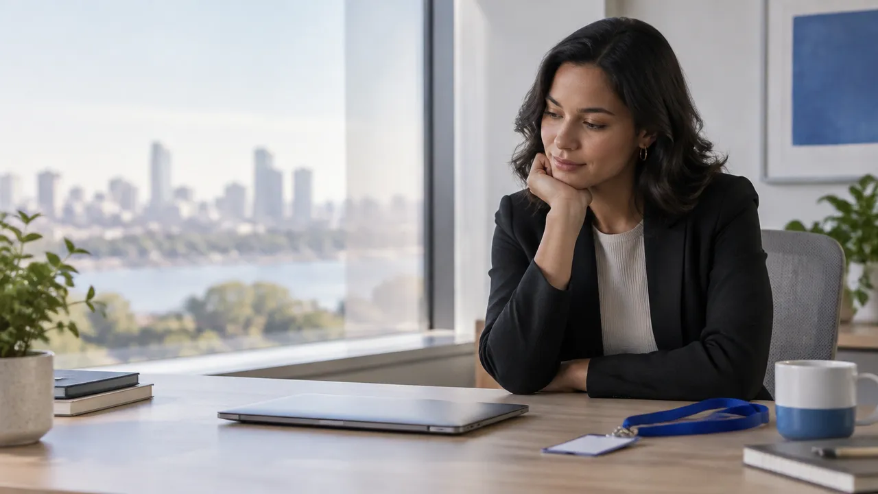 A professional pauses beside a closed laptop and sets aside a blank work badge while reflecting on identity beyond a career.