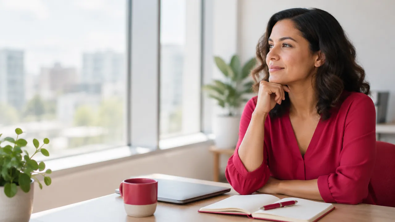A professional pauses mid-afternoon beside a notebook to reset attention and choose a constructive response