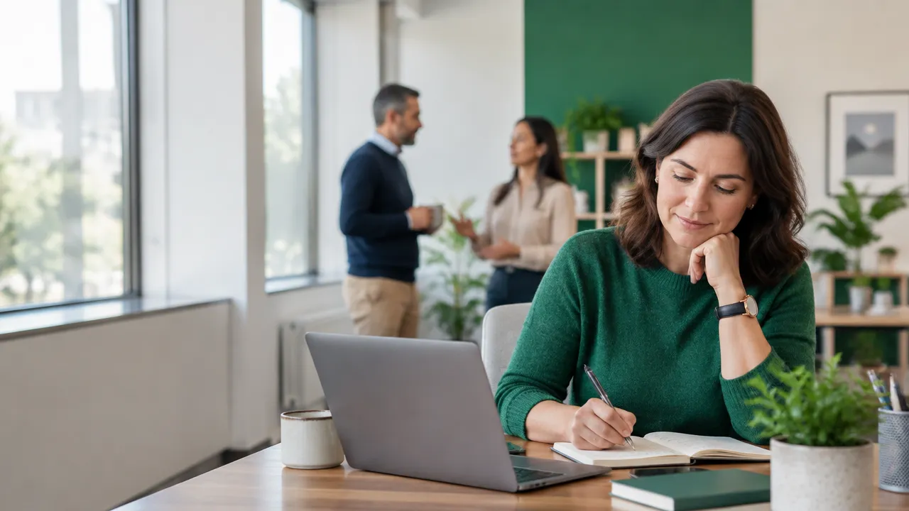A professional reflecting at her desk while coworkers connect in a supportive workplace