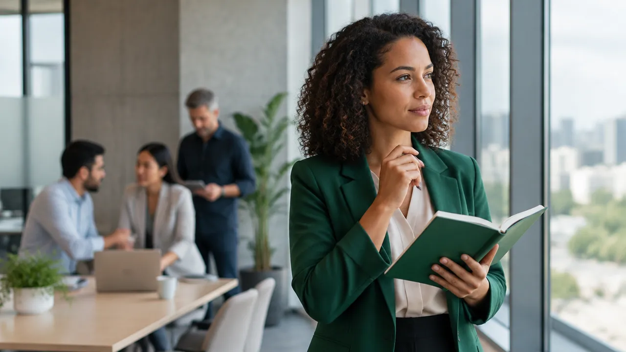 A professional reflecting before making a responsible decision at work