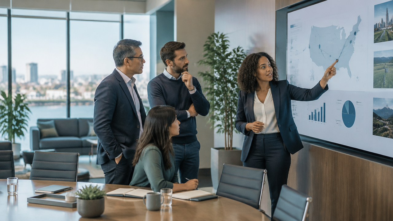 A professional team evaluating a project plan and its potential wider impact
