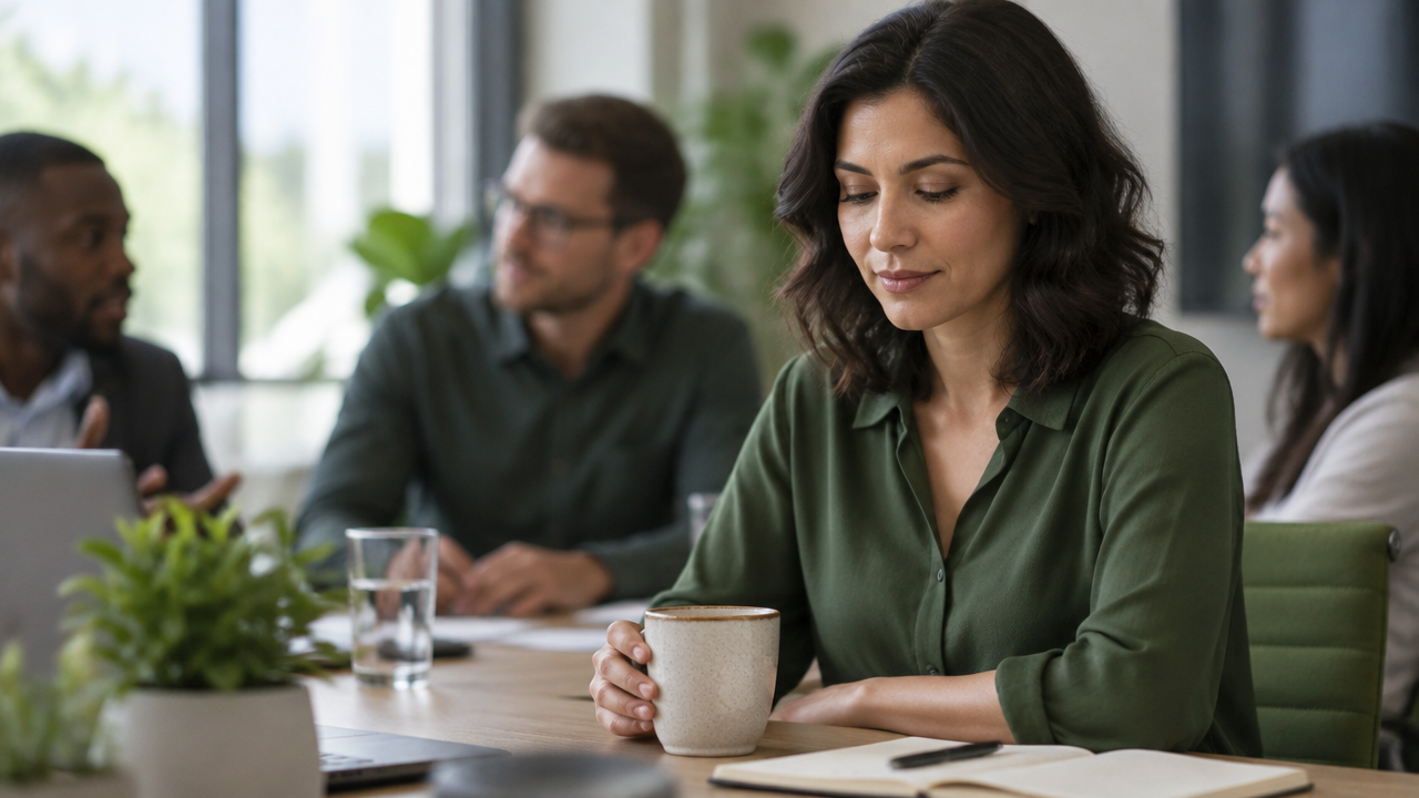 A professional uses a quiet grounding pause during a tense team discussion