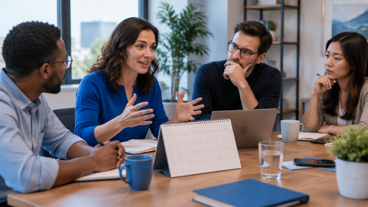 A project team discusses an upcoming launch, with varied expressions that reveal different emotional expectations.