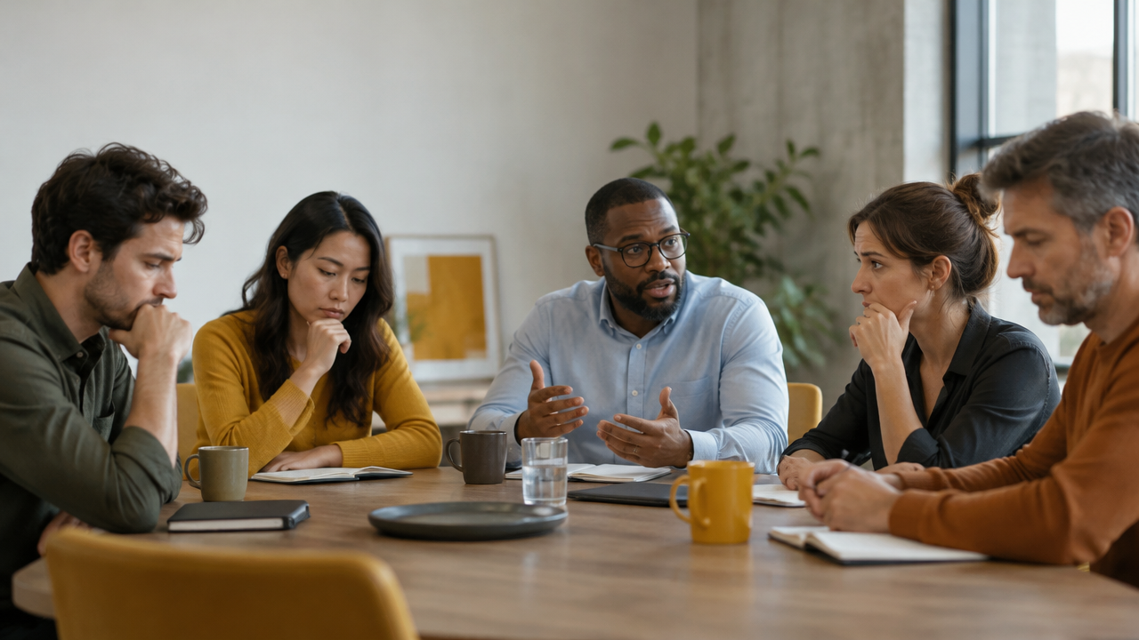 A project team in a meeting showing subtle signs of disengagement and unspoken tension