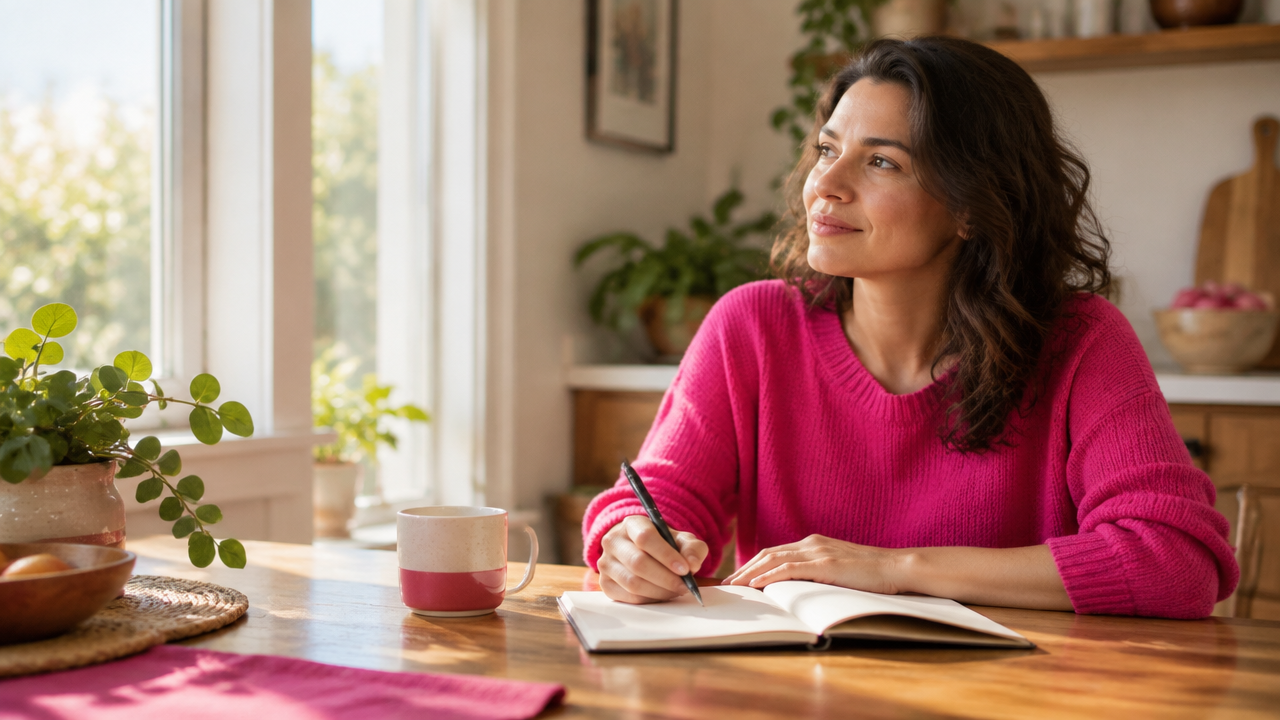 A reflective adult pauses over a notebook by a window, considering a personal choice.