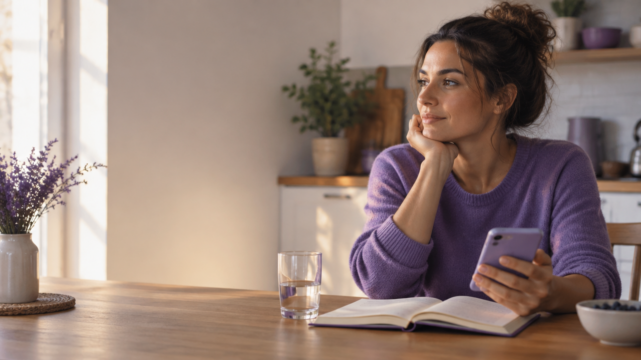A reflective adult pauses with a smartphone beside a notebook in morning light, considering where their attention goes.