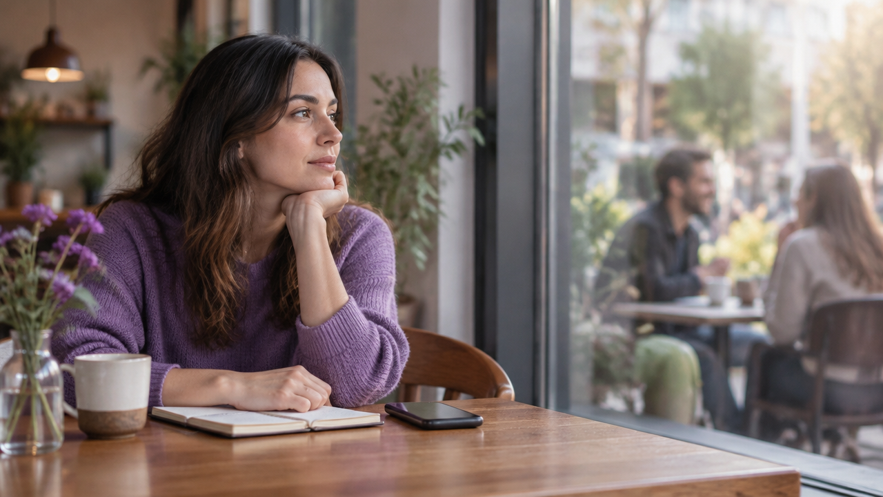 A reflective person pauses beside a notebook while others talk in the background, symbolizing a break from envy and comparison.