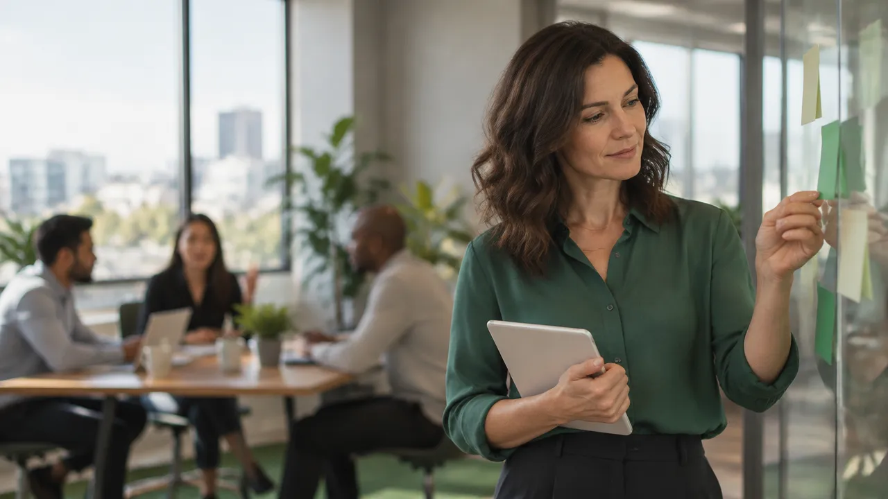 A reflective team leader observes colleagues collaborating in a bright modern workplace