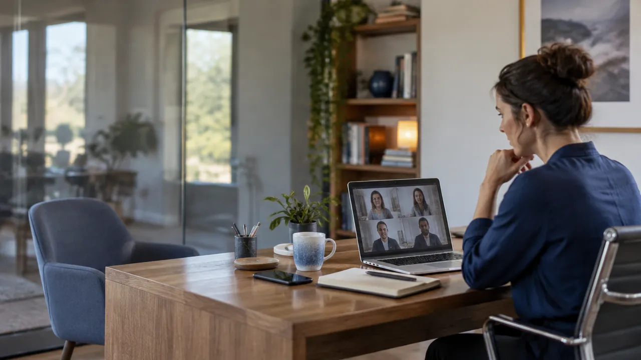 A reflective team leader sits at a laptop during a remote meeting, suggesting the challenge of maintaining trust and connection in digital leadership.