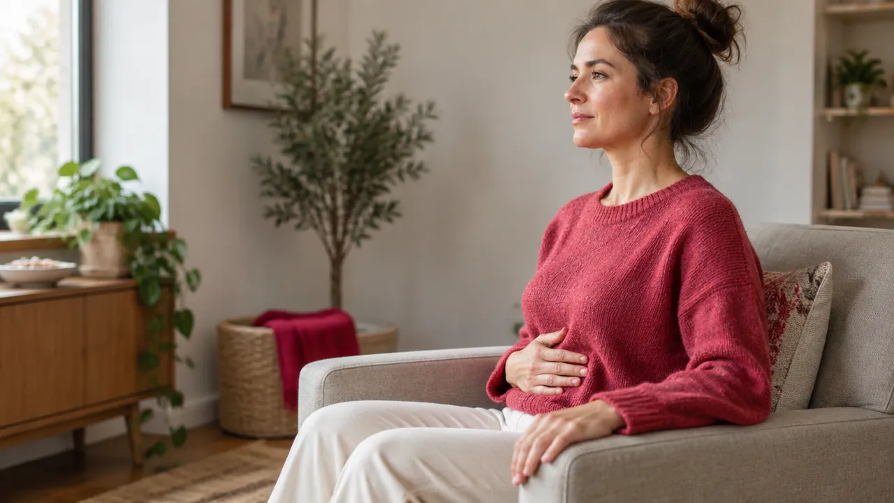 A relaxed seated person gently noticing natural breath movement in the lower ribs