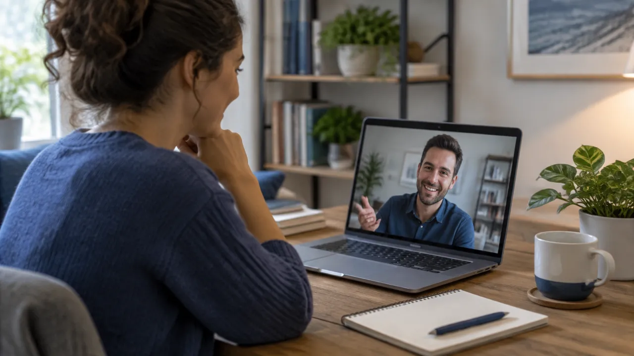 A remote new hire builds rapport with a peer buddy during a relaxed one-to-one video call.
