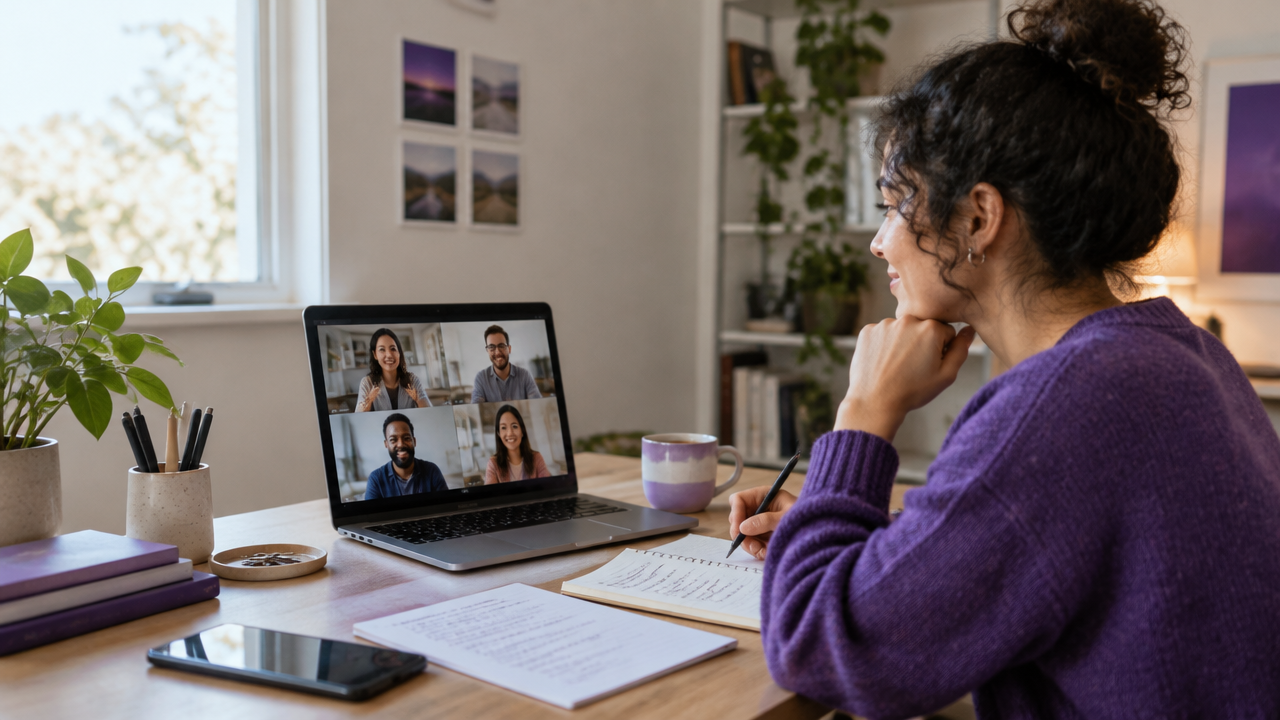 A remote team lead reflects on shared goals during a calm online team check-in