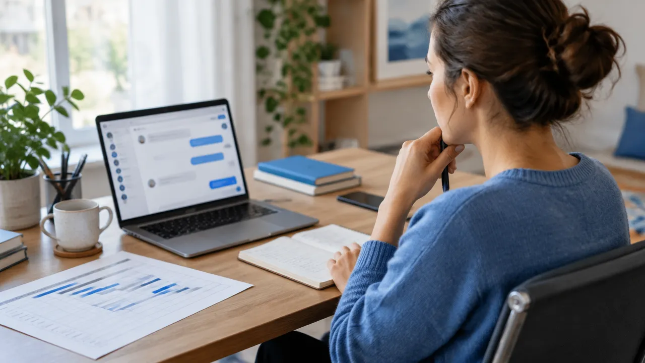 A remote team leader pauses to review project context before responding to a tense online exchange.