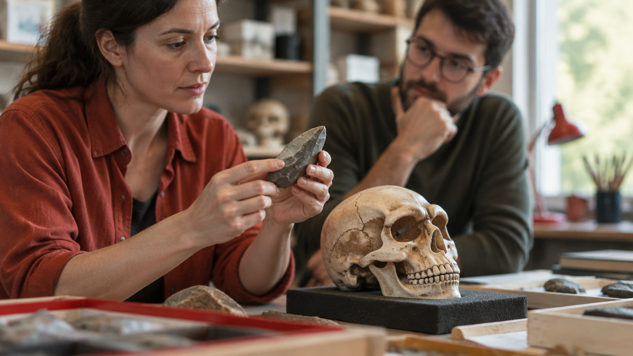 A researcher and a colleague studying a stone tool and replica early human skull in a quiet research room.