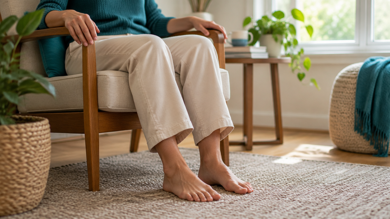 A seated person feeling the floor beneath both feet during a simple grounding exercise.