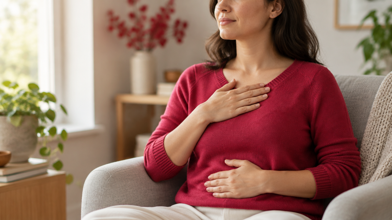 A seated person gently noticing natural chest and abdominal movement while breathing