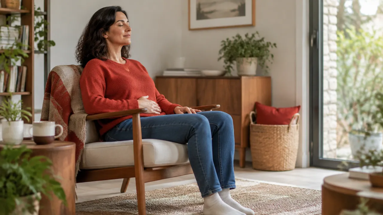 A seated person noticing natural breathing during a brief body-awareness practice