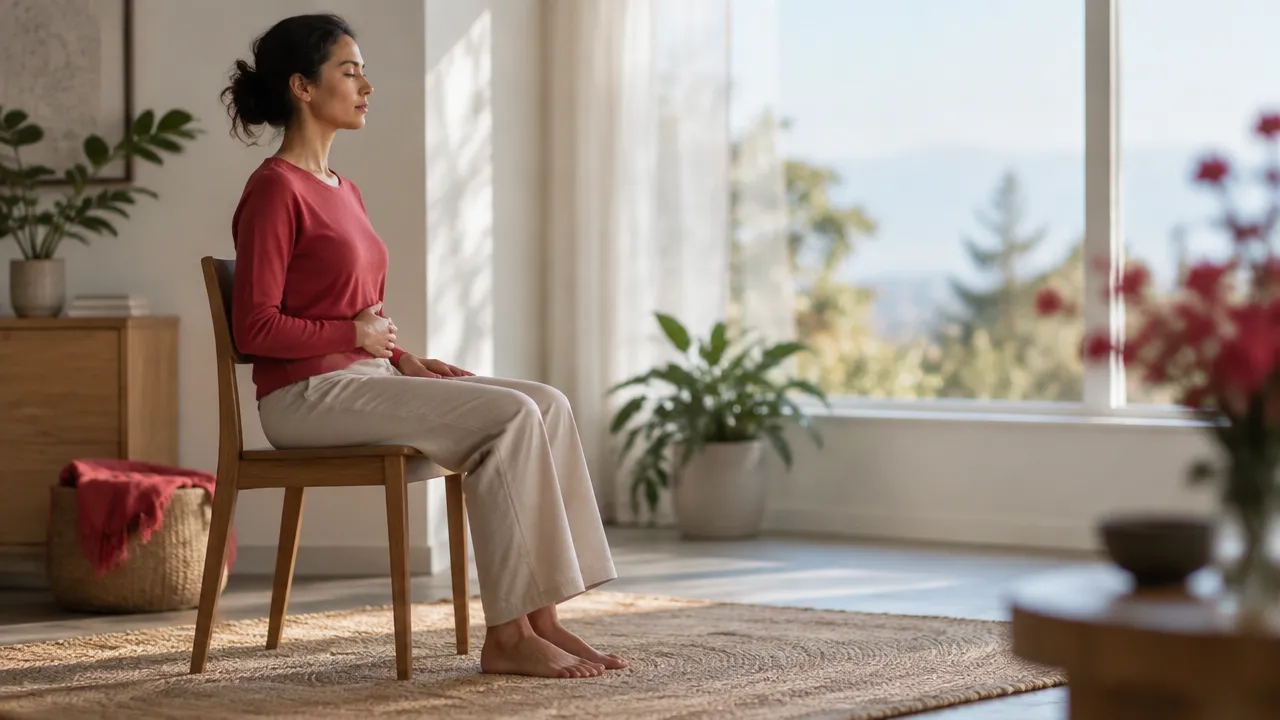 A seated person practices noticing posture, airflow, and emotional response during a gentle breathing exercise