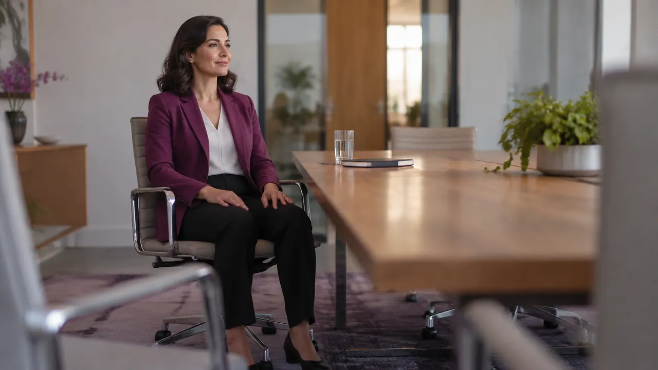 A seated professional grounds their attention with feet on the floor before a meeting