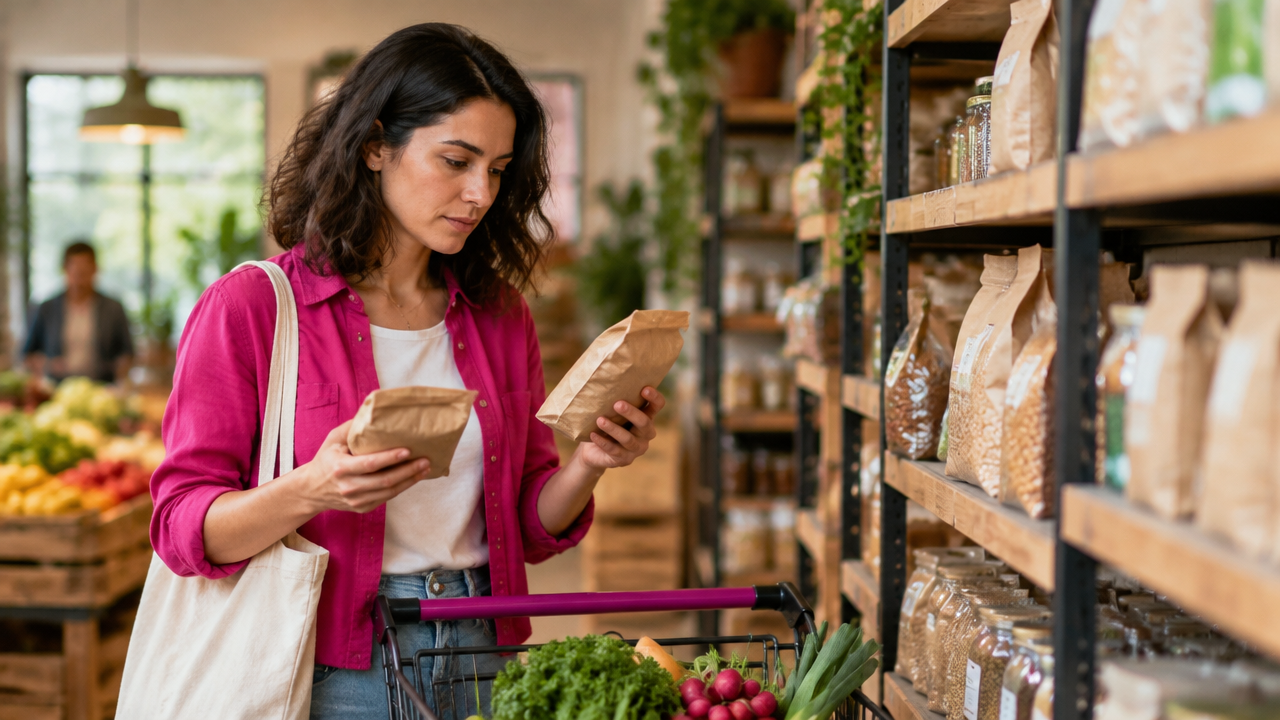 A shopper compares two unbranded grocery items while holding a reusable bag