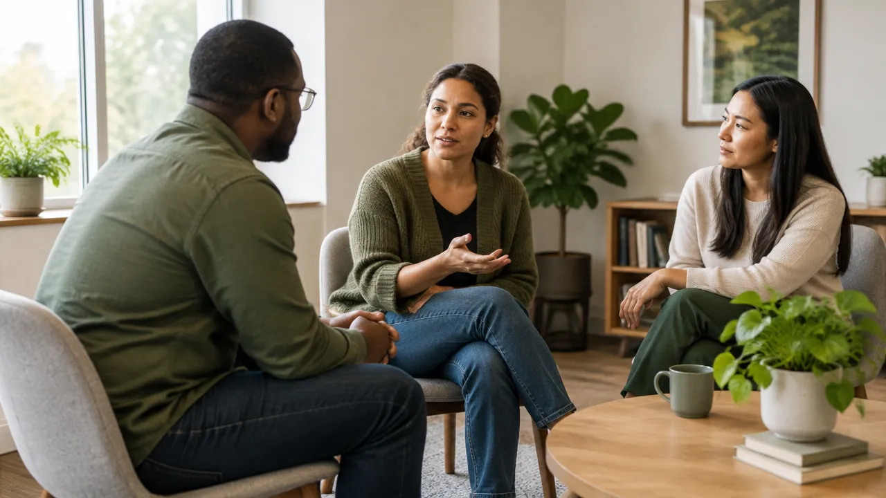 A small group listens attentively as one member shares an honest feeling in a calm meeting space.