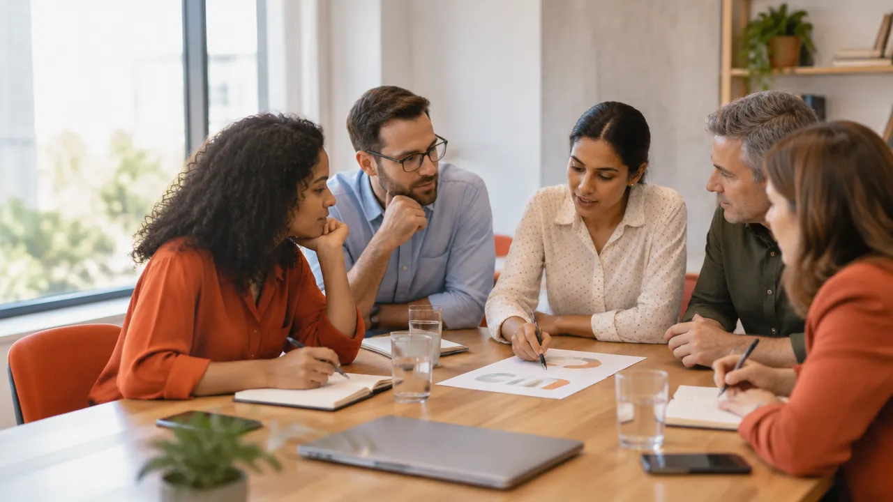 A small group thoughtfully evaluates information together around a meeting table