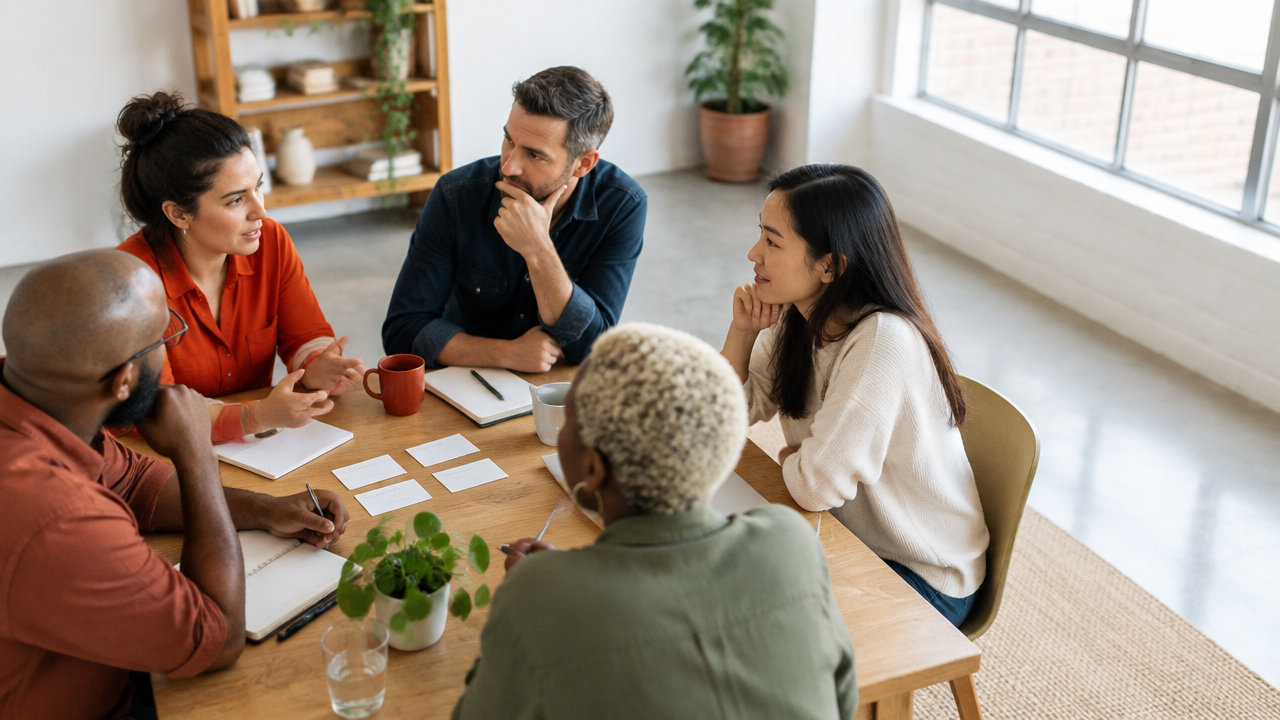 A small team in thoughtful conversation around a table, aligning on a shared purpose