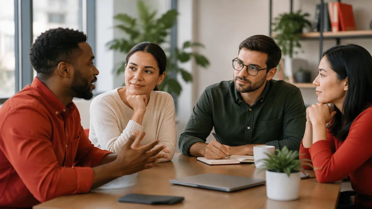 A small team practices a brief, attentive workplace debrief with one person speaking and colleagues listening