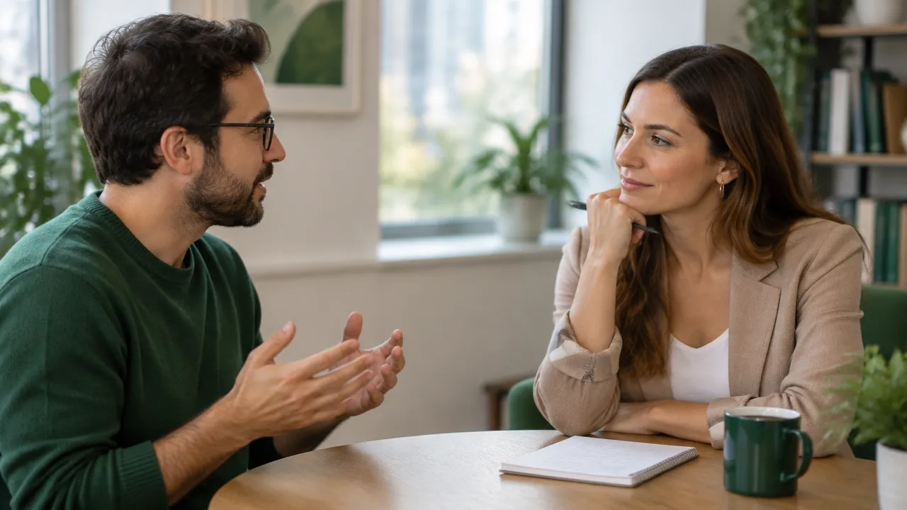 A speaker pauses thoughtfully while another person listens with empathy