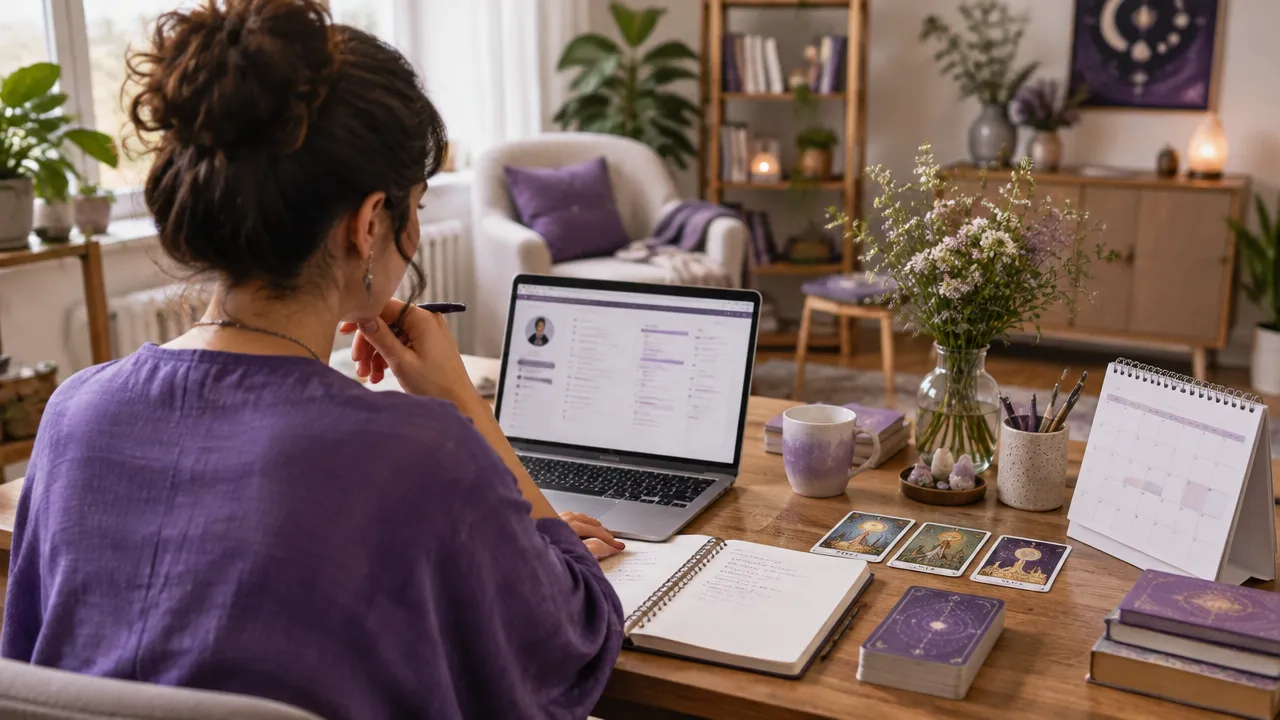 A spiritual reader reviews organized session notes before a returning client appointment