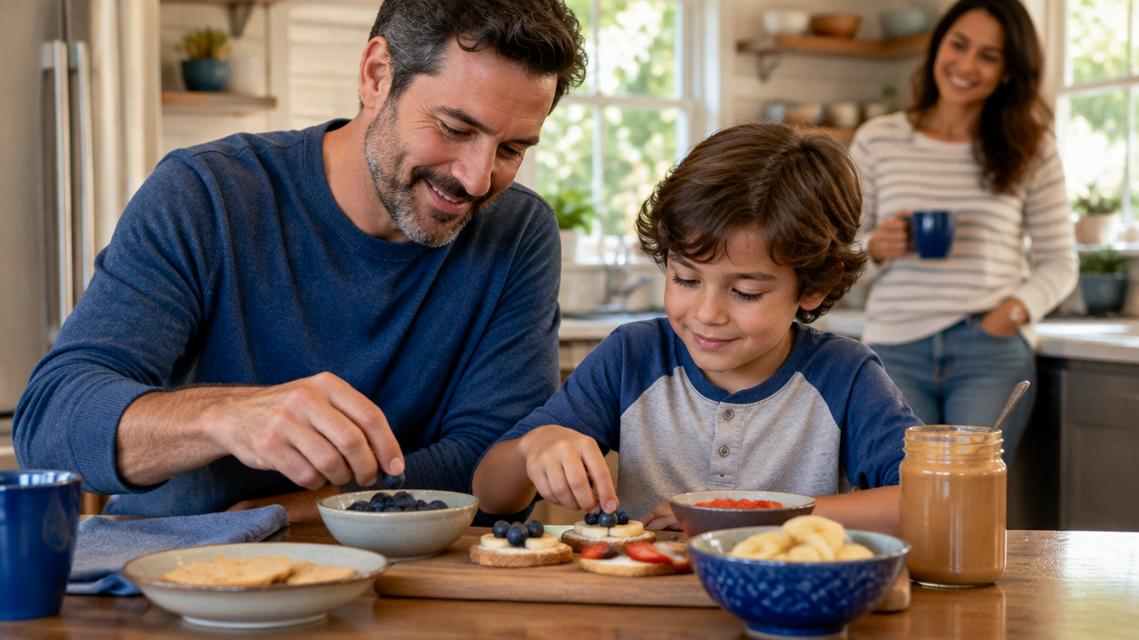 A stepparent and child build a low-pressure connection through a shared activity while the parent remains nearby.