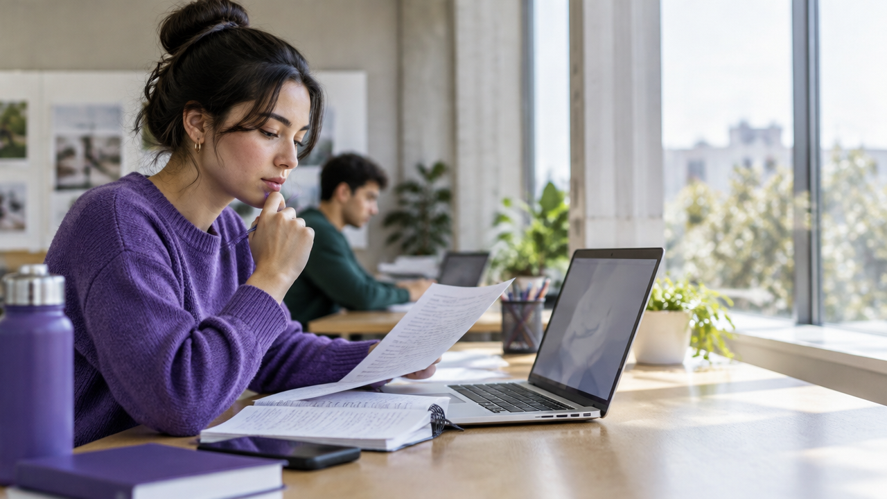 A student critically checking digital research alongside notes in a university study space