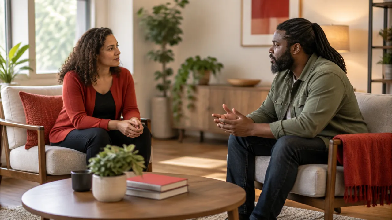 A support professional listens attentively to an adult in a calm, welcoming room