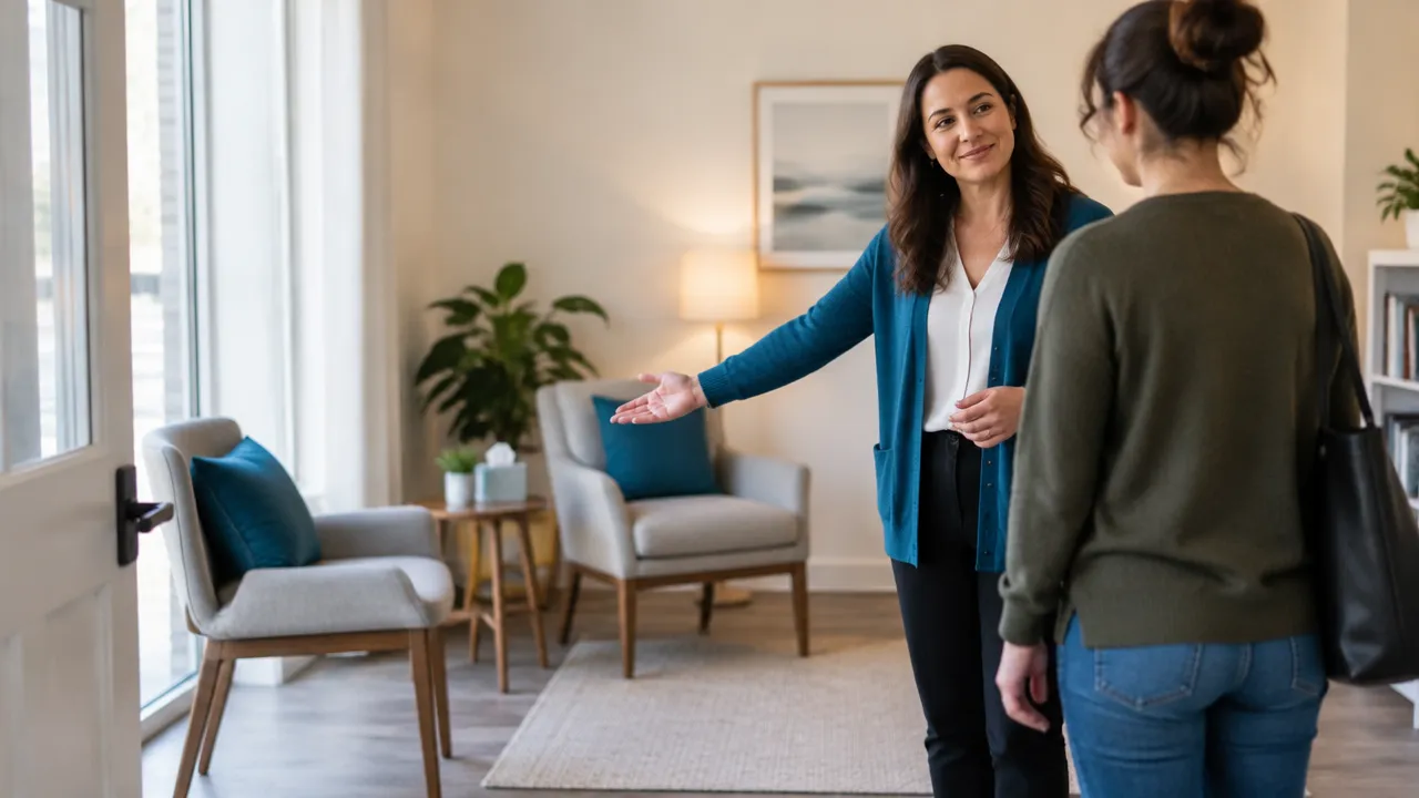 A support worker offers a person simple choices about where to sit during a calm intake conversation.