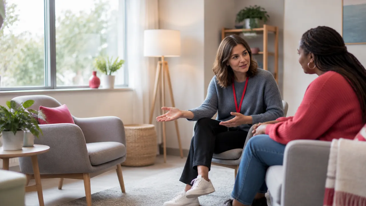 A support worker offers a visitor choices during a calm, respectful conversation