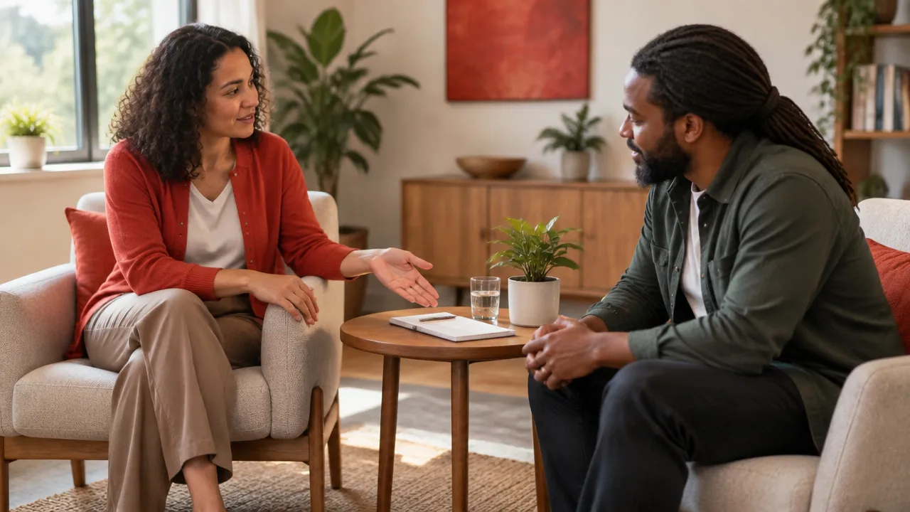 A support worker offers choices while speaking with an adult in a calm room