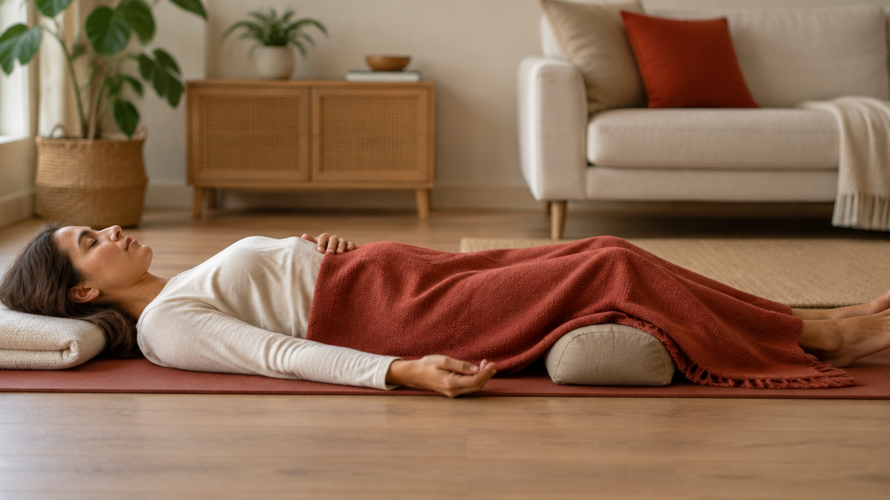 A supported practitioner resting with awareness of the breath during a Yoga Nidra session