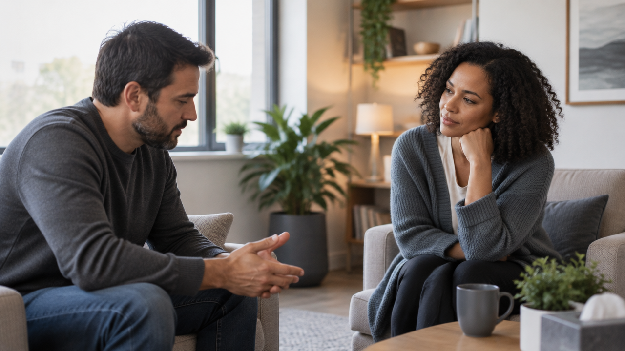 A supportive listener offering calm attention as another adult discusses a painful moral experience.