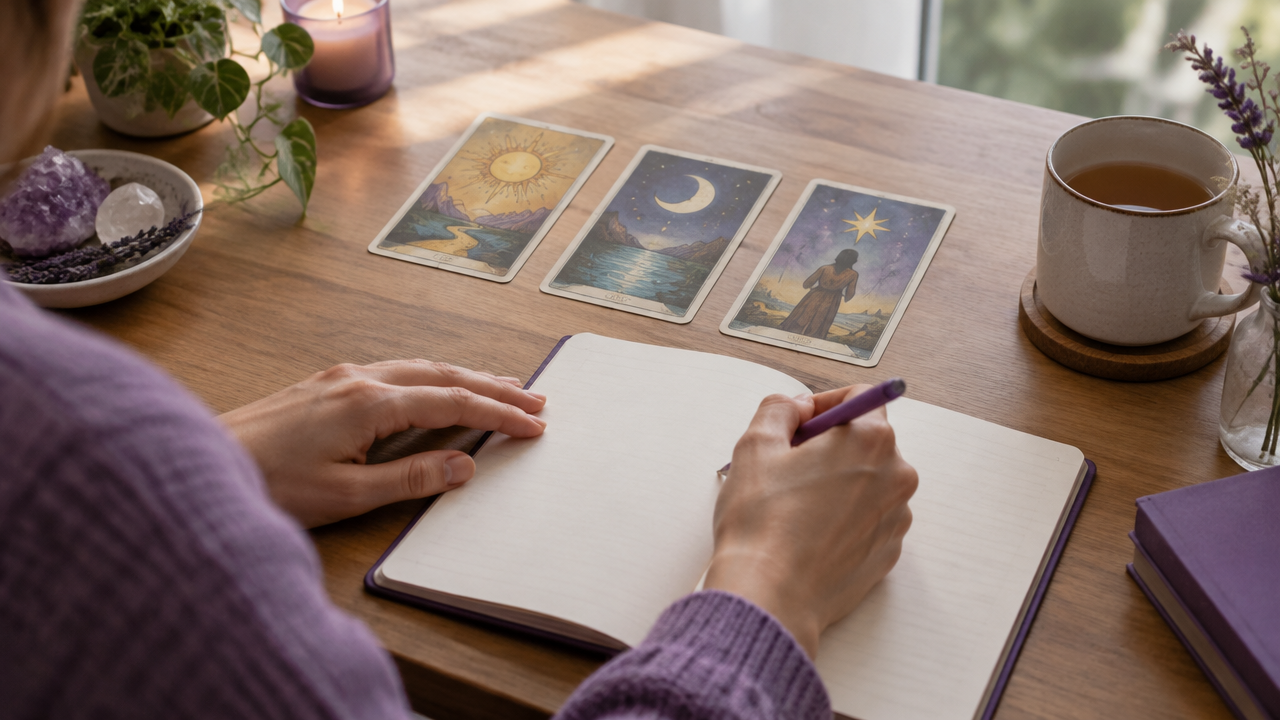 A tarot reader records first impressions of a three-card spread in a journal.