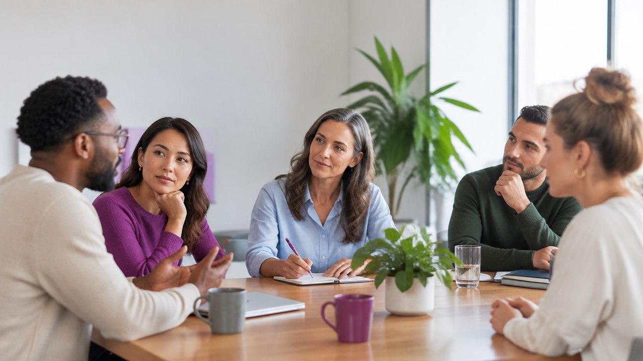 A team coach listens as coworkers discuss observable communication patterns around a meeting table
