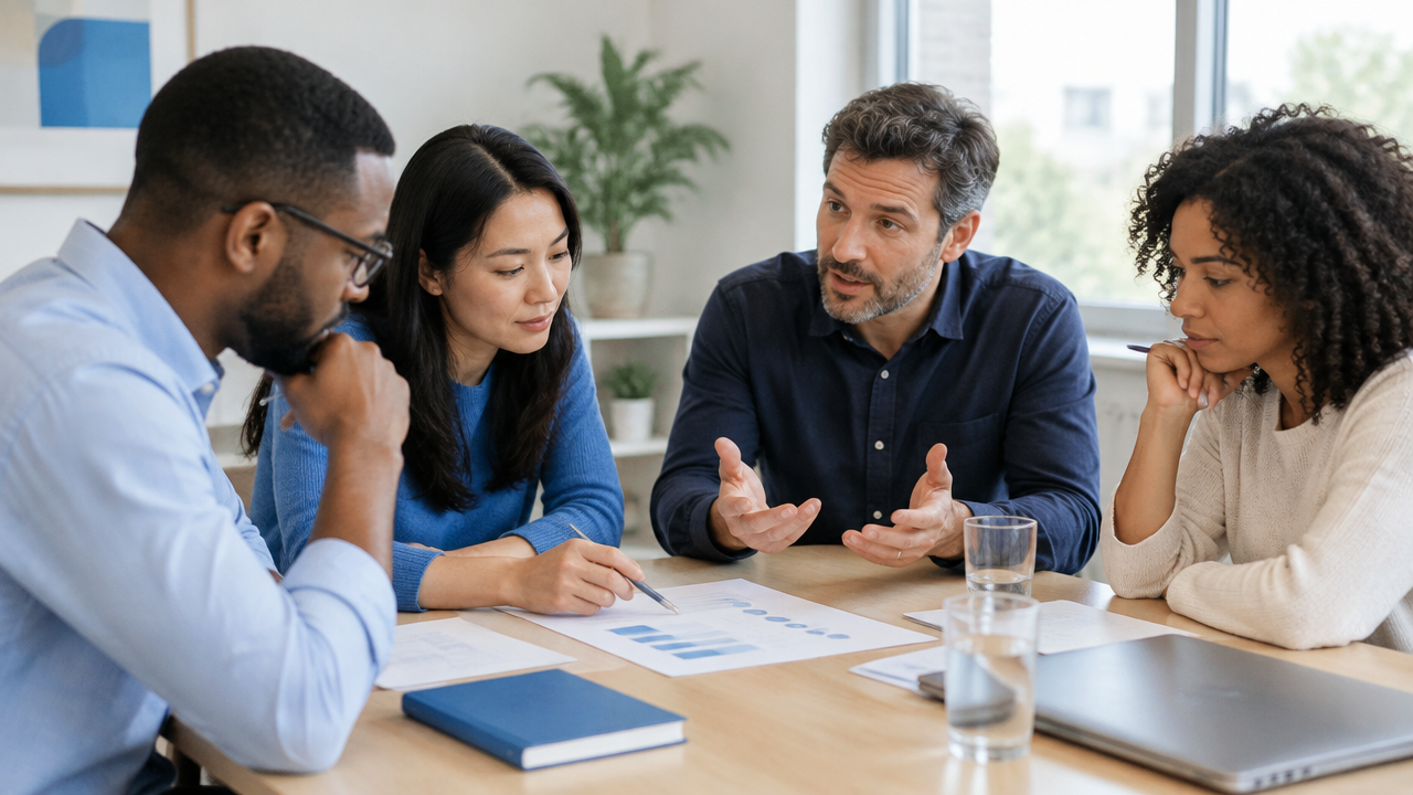 A team discusses a transparent decision checklist, illustrating ethical choice design at work.