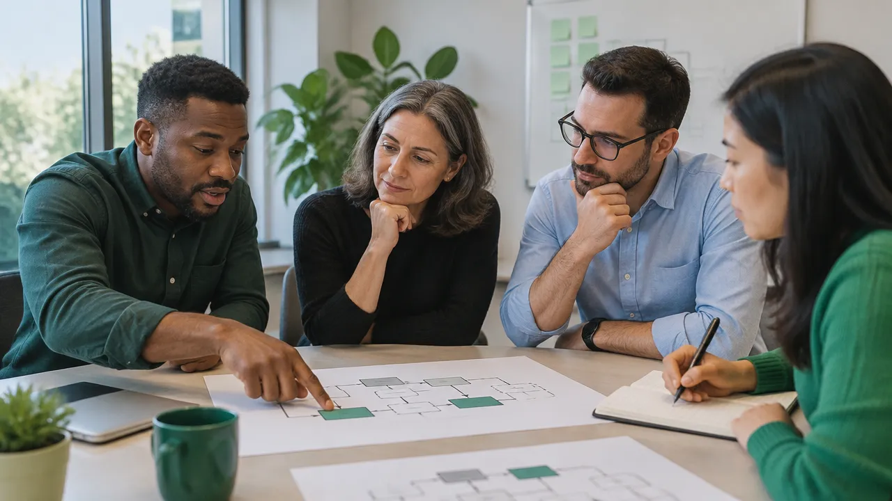 A team examines workflow handoffs together to understand a recurring workplace behavior problem