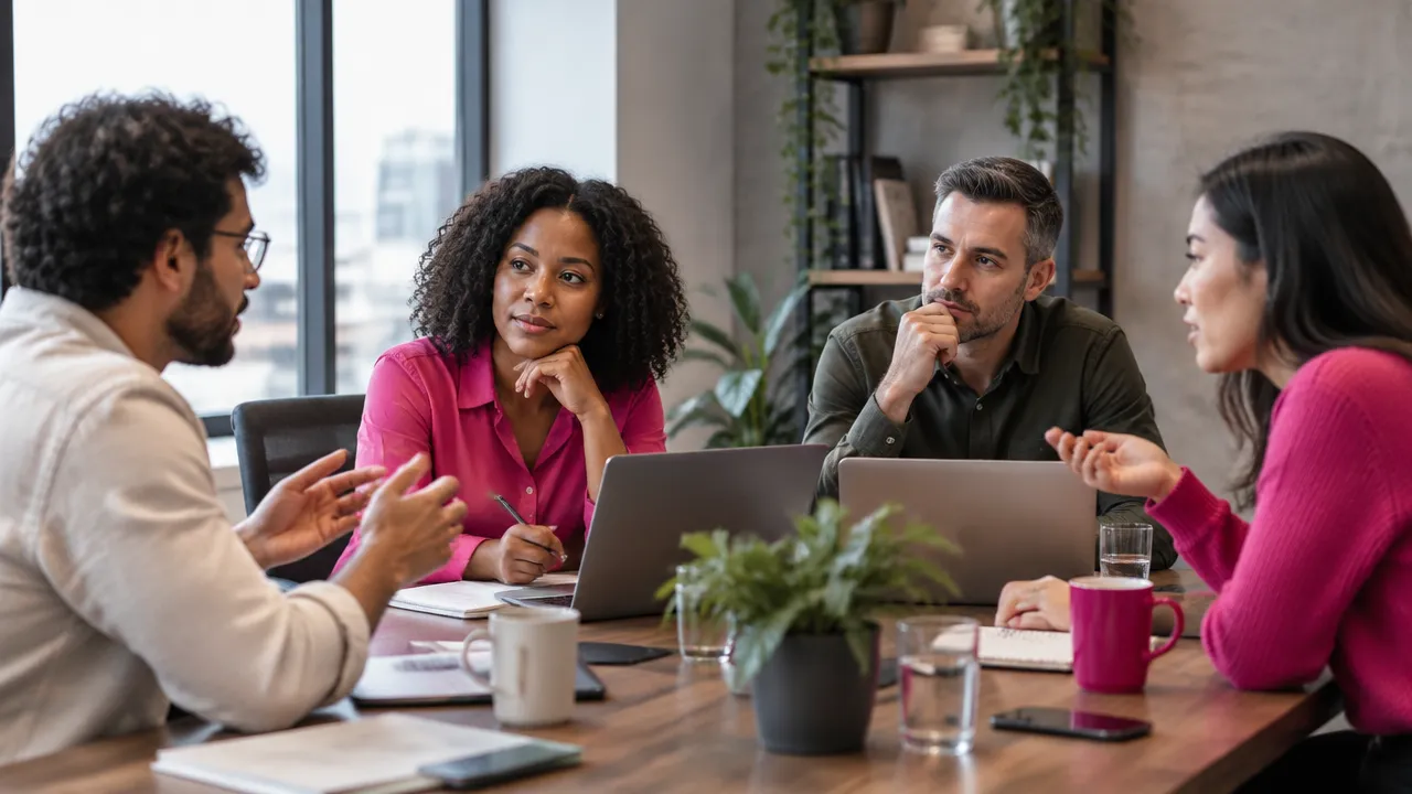 A team facilitator listens carefully as colleagues show different nonverbal reactions during a meeting