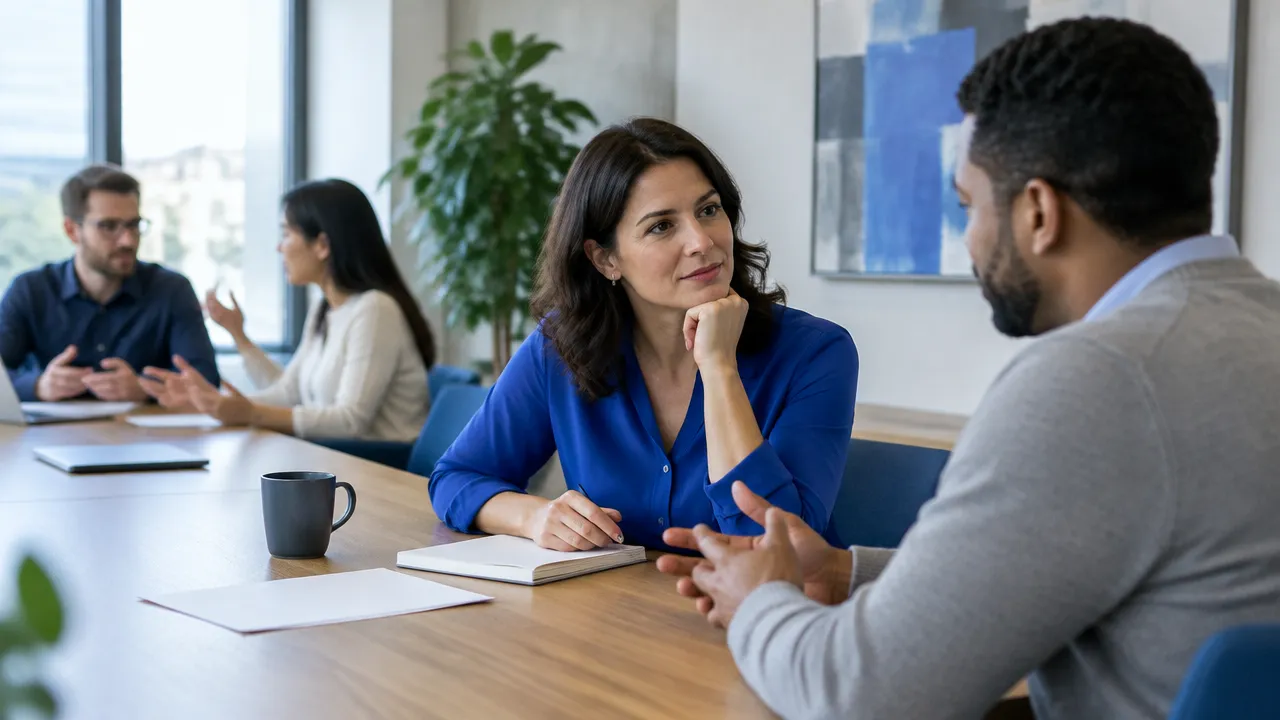 A team lead listens attentively as a colleague shares a concern after a meeting