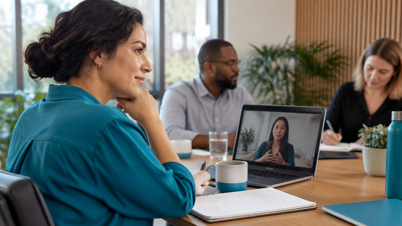 A team lead observes quiet participation cues in a hybrid meeting with in-room and remote coworkers